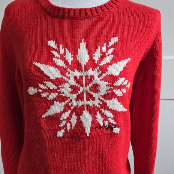 Tommy Hilfiger Womens Medium Red Cotton Snowflake Winter Sweater - Picture 3 of 10